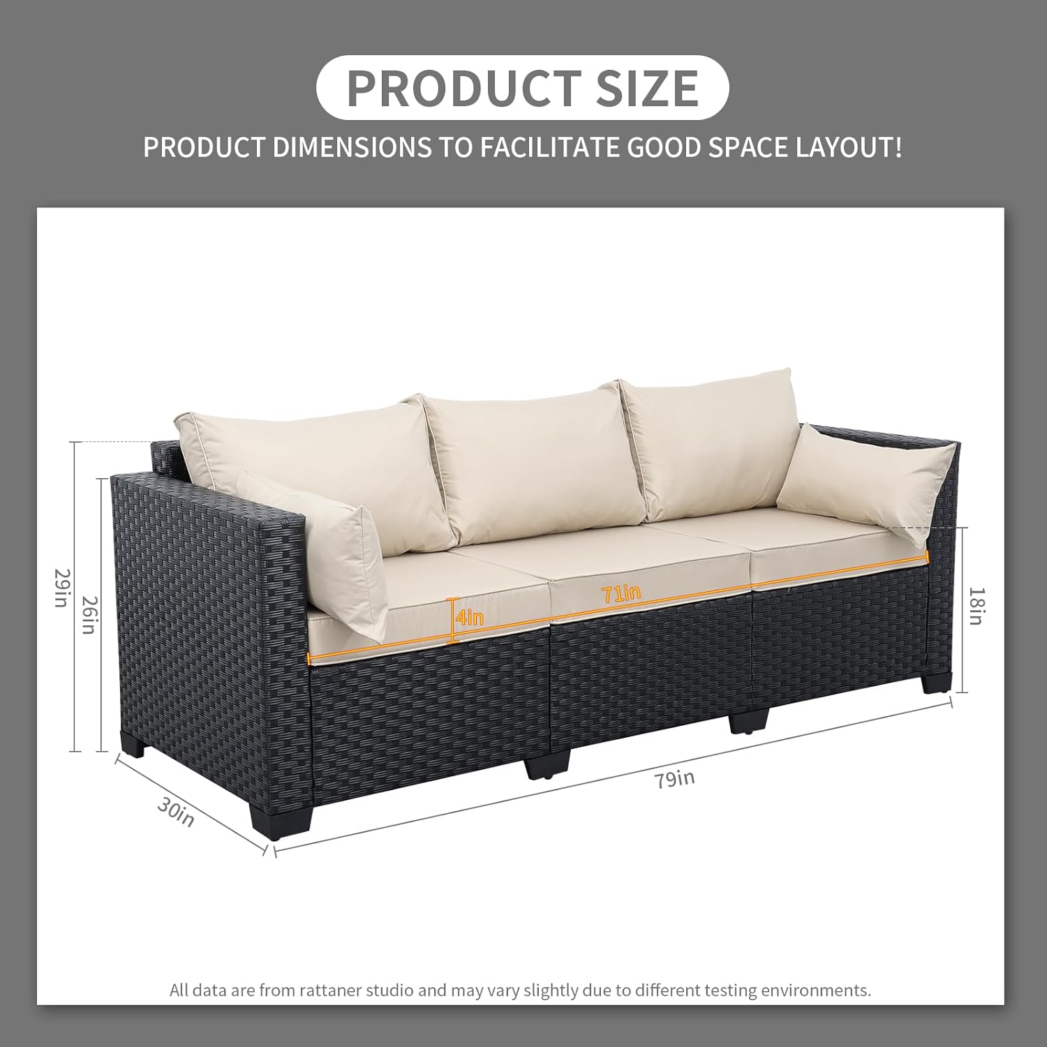 Rattaner Patio Furniture 3-seat Sofa Wicker Outdoor Furniture Outdoor Couch Deep Seat Hight Backrest Waterproof Cover Anti-Slip Cushions, Khaki