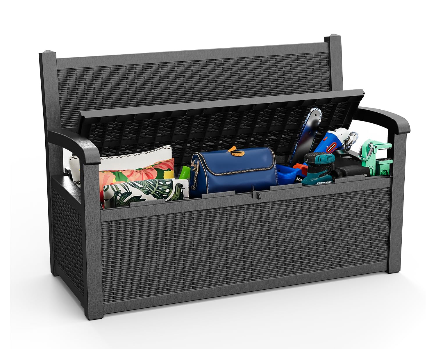 PatioZen 80 Gallon Outdoor Storage Bench Deck Box Waterproof Lockable,Outdoor Storage Furniture for Patio,Garden and Porch,Tools and Cushions（Black）