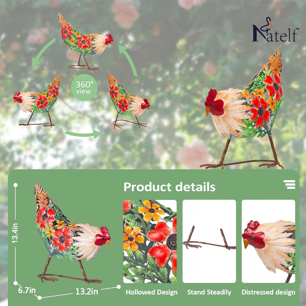 Natelf Hen Decor Metal Rooster Statue Chicken Outdoor Garden Decoration Hollow Out Design Yard Art Lawn Patio Home Sculpture