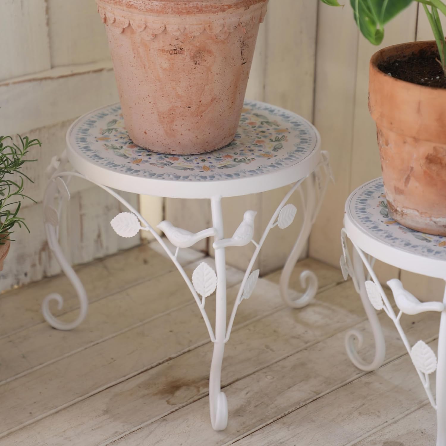 Set of 2 Plant Stand for Indoor Outdoor, Heavy Duty Cast Iron with 10" Ceramic Tile Top Plant Table, Tall Vintage Decorative Plant Rack, Mosaic Flower Pot Holder for Home Garden Porch Yard Patio
