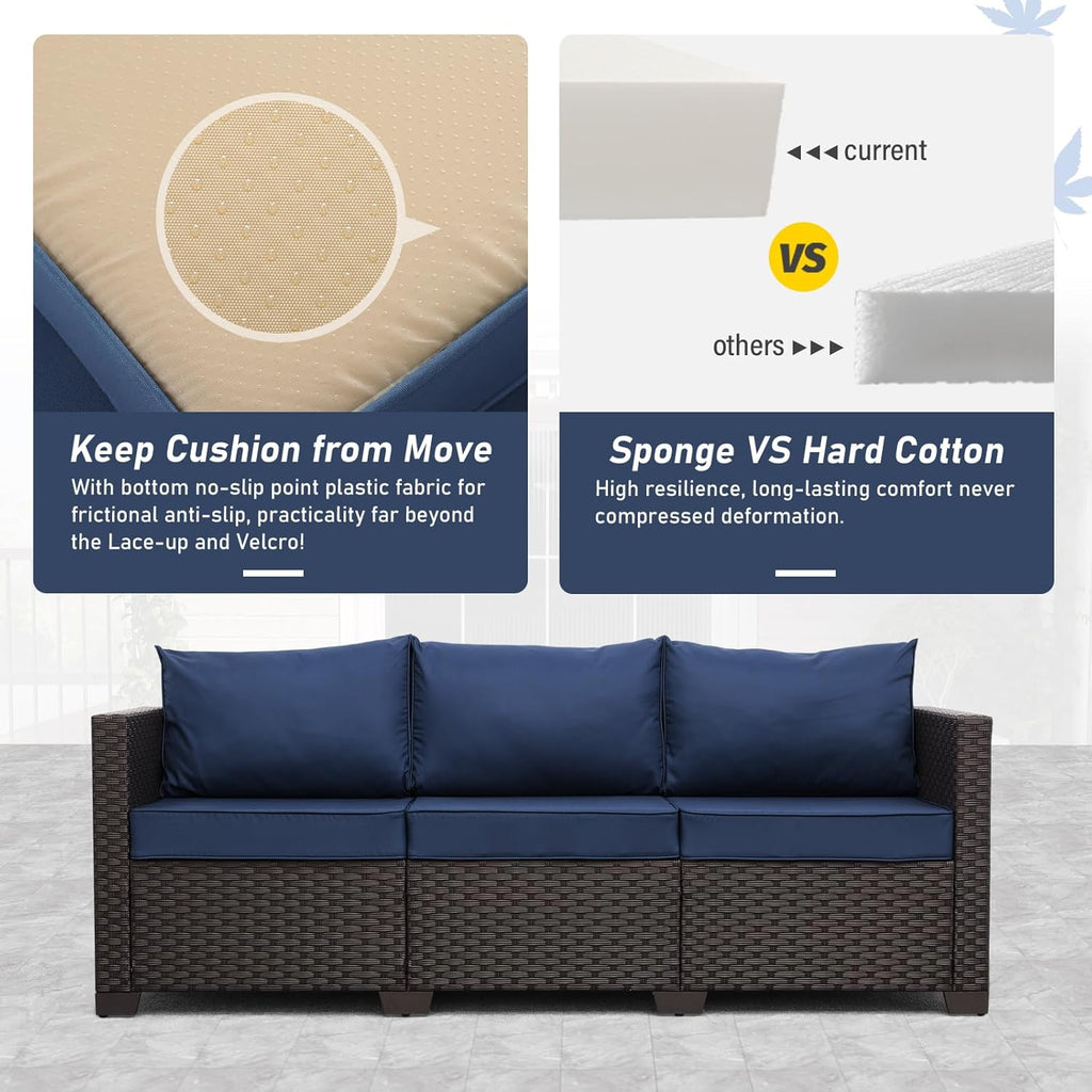 Valita Patio Furniture 3-seat Sofa Brown Wicker Outdoor Furniture Outdoor Couch Deep Seat High Backrest Waterproof Cover Anti-Slip Washable Cushions, Navy Blue