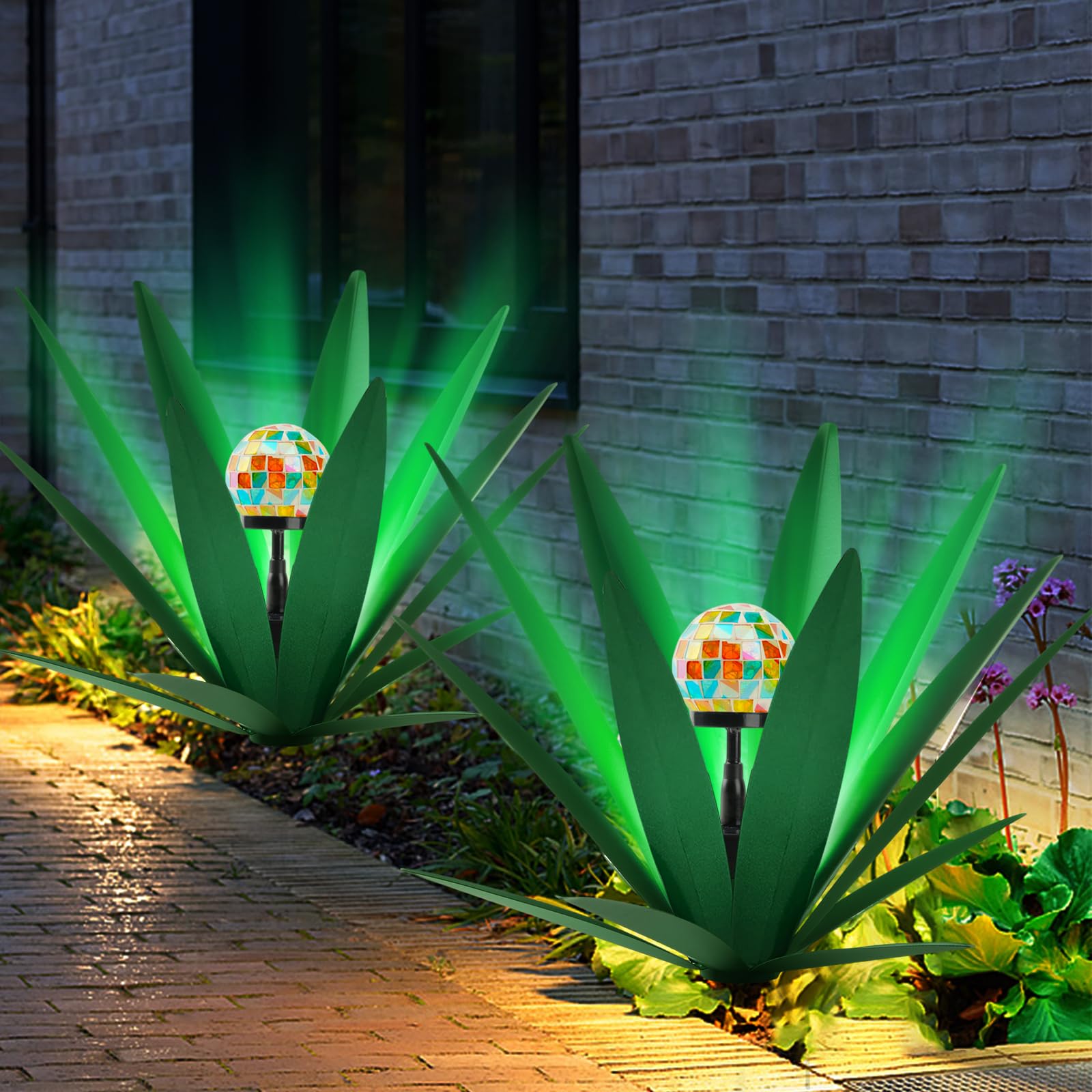 TOMBABY Solar Rustic Garden Style Metal Agave Plants Outdoor Patio, Home Decor Hand-Painted Metal Agave Garden Patio Statues, Suitable for Desert Areas, Outdoor Lawn Decorations (2 Solar Blue)