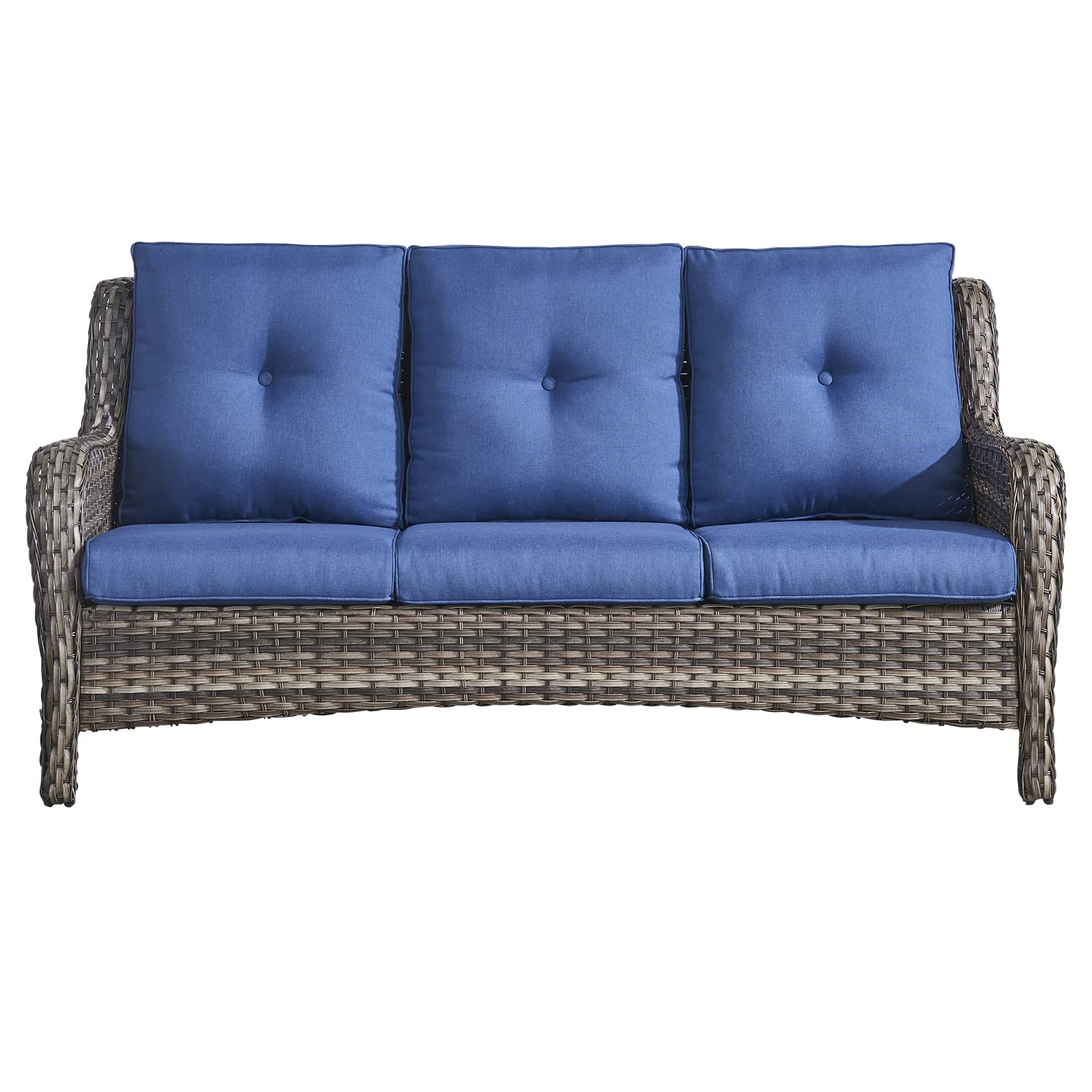 Rilyson Outdoor Patio Wicker Sofa 900Lbs Weight Capacity, Large 3 Seater Wicker Patio Couch with 4in Seat Cushions and Deep Seating, All Weather for Backyard, Garden, Poolside (Yellow/Blue)