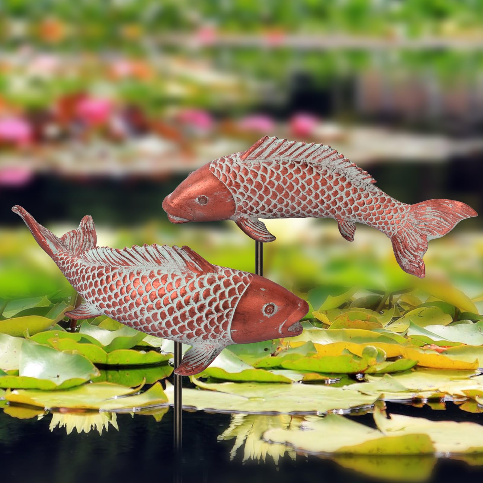 Garden Statues Koi Fish Decor Outdoor Garden Fish Statues, Set of 2 Antique Copper Koi Art Sculptures for Patio, Backyard, Pond and Home Decor, Best Gardening Gifts for Women Mom