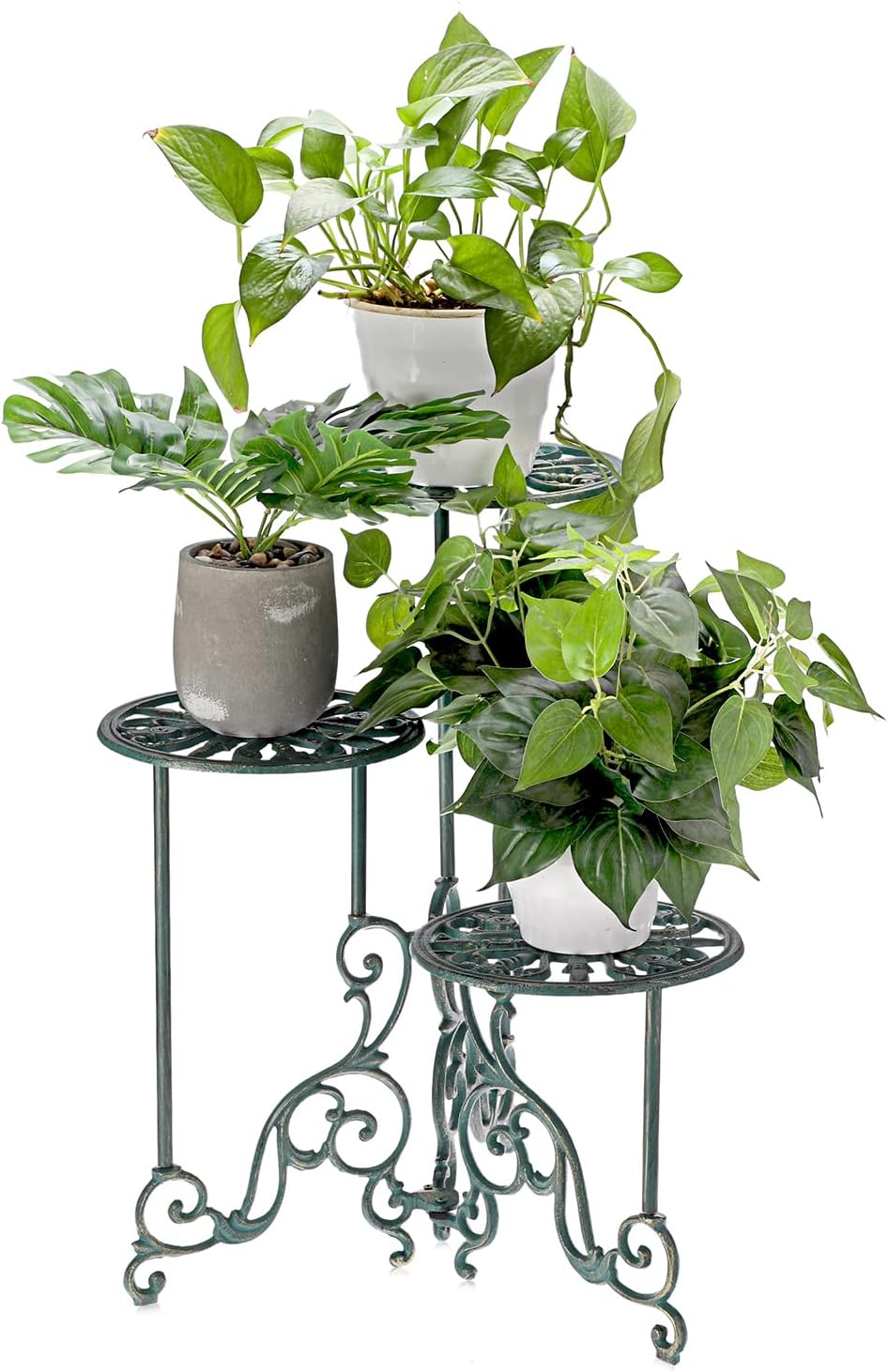 OwnMy 3 Tier Heavy Duty Cast Iron Plant Stand Foldable Wrought Iron Flower Pot Holder, Indoor Outdoor Tall Plant Stand Shelf for Garden Patio, Decorative Round Metal Plant Display Rack, Antique Green