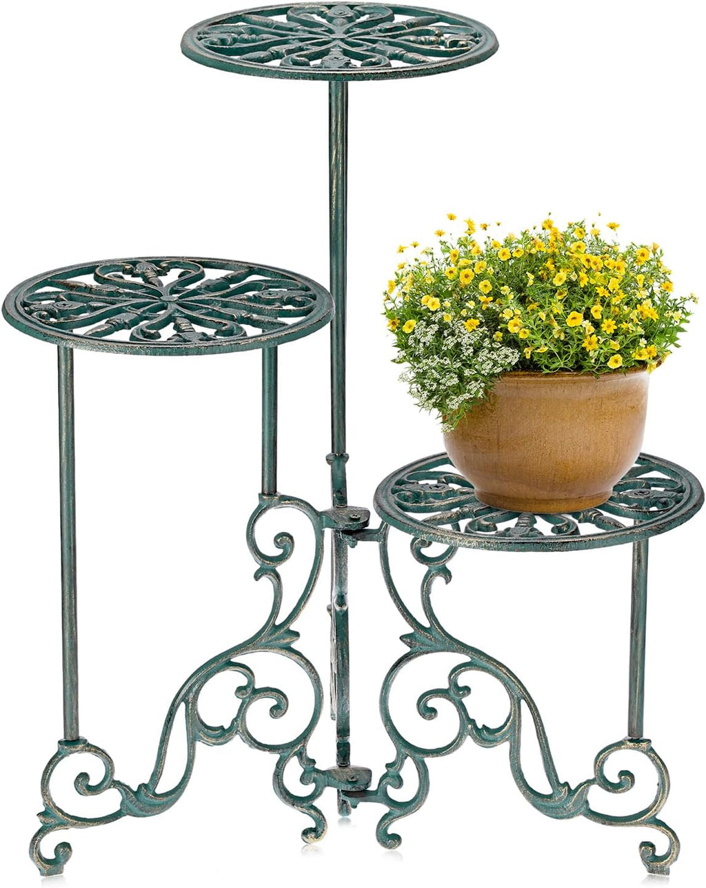 OwnMy 3 Tier Heavy Duty Cast Iron Plant Stand Foldable Wrought Iron Flower Pot Holder, Indoor Outdoor Tall Plant Stand Shelf for Garden Patio, Decorative Round Metal Plant Display Rack, Antique Green