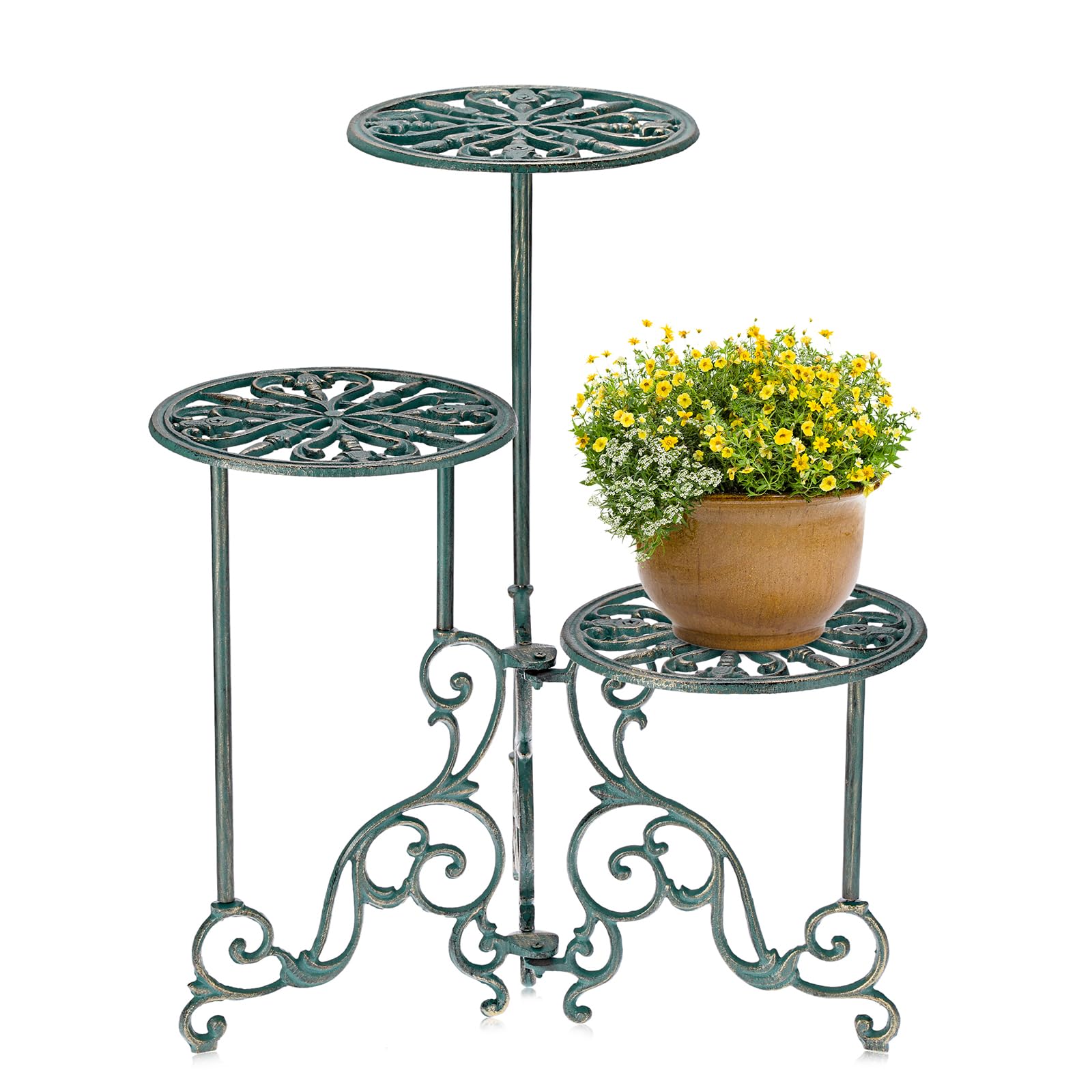 OwnMy 3 Tier Heavy Duty Cast Iron Plant Stand Foldable Wrought Iron Flower Pot Holder, Indoor Outdoor Tall Plant Stand Shelf for Garden Patio, Decorative Round Metal Plant Display Rack, Antique Green