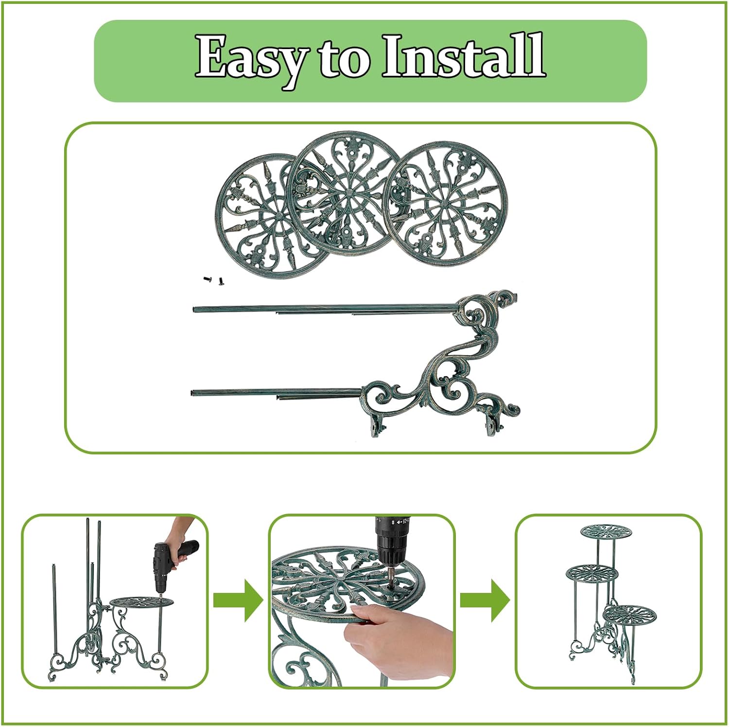 OwnMy 3 Tier Heavy Duty Cast Iron Plant Stand Foldable Wrought Iron Flower Pot Holder, Indoor Outdoor Tall Plant Stand Shelf for Garden Patio, Decorative Round Metal Plant Display Rack, Antique Green