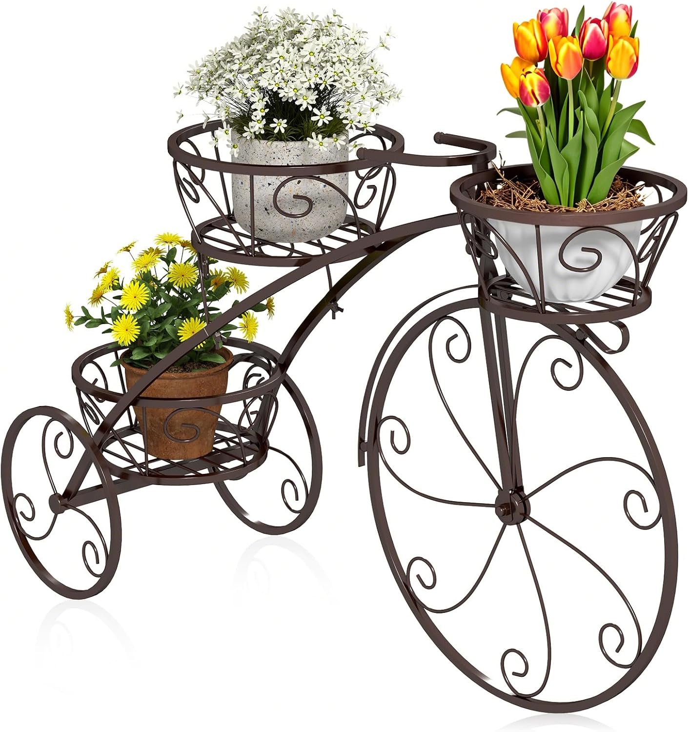 DREAMADE 3-tier Bicycle Planter, Vintage Tricycle Plant Display Cart w/ Openwork Baskets & Fixed Wheels, European-Inspired Metal Decorative Plant Stand for Gardens, Patios, Balconies (Bronze)