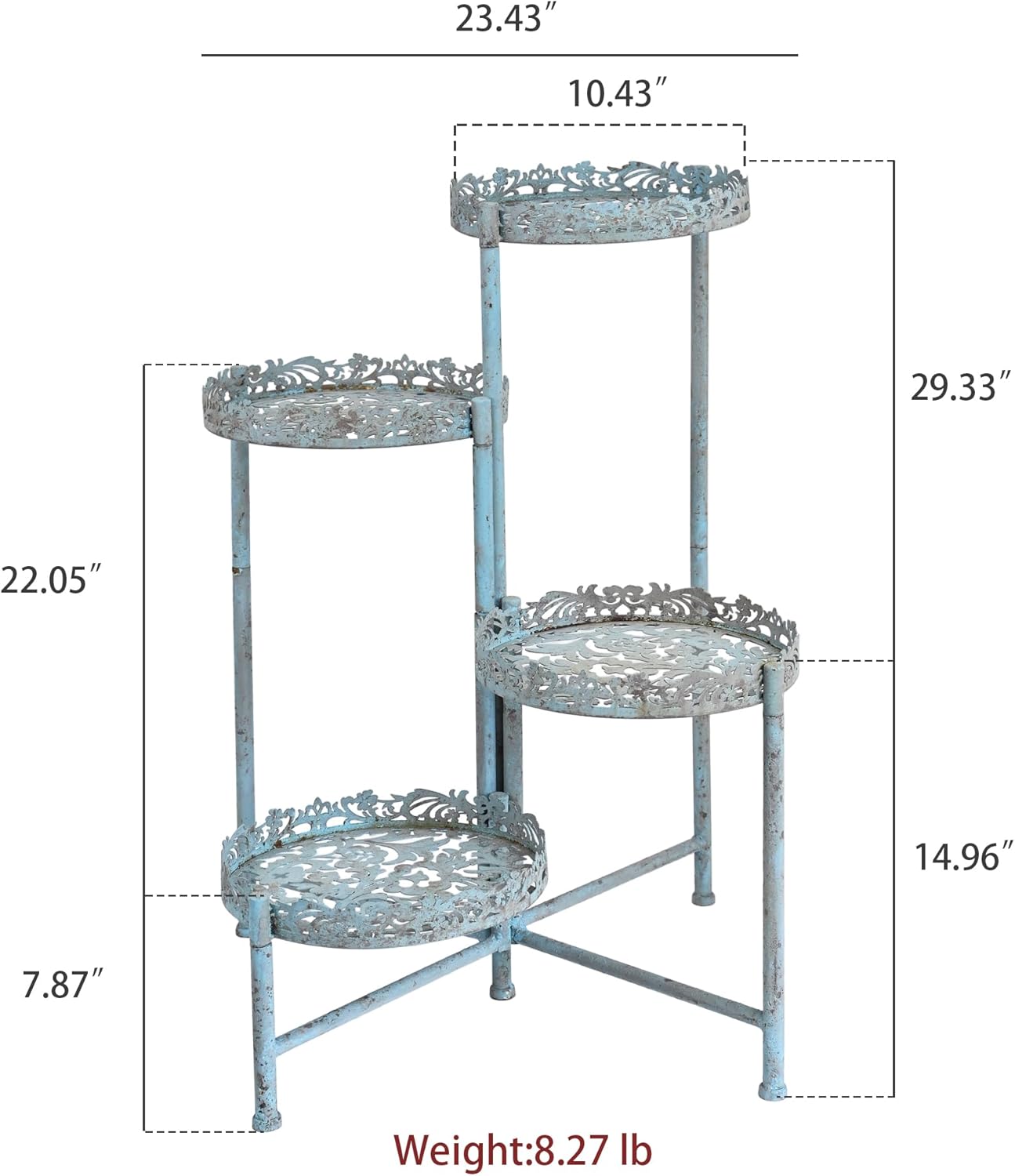 4 Tier Vintage Corner Plant Stand for Indoor Outdoor Distressed Metal Flower Pot Holder Shelves with Ornate Cutout Edges Multi-Level Planter Rack Display Corner Shelf Antique Foldable Tall Plant Shelf for Patio Porch Garden Balcony Living Room (Blue)