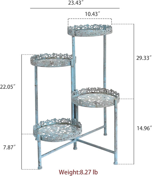 4 Tier Vintage Corner Plant Stand for Indoor Outdoor Distressed Metal Flower Pot Holder Shelves with Ornate Cutout Edges Multi-Level Planter Rack Display Corner Shelf Antique Foldable Tall Plant Shelf for Patio Porch Garden Balcony Living Room (Blue)