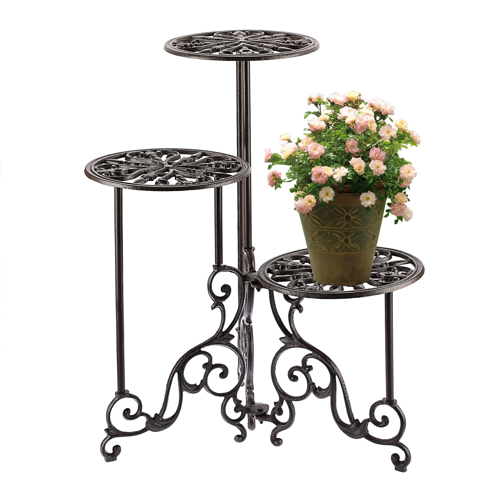 OwnMy 3 Tier Heavy Duty Cast Iron Plant Stand Foldable Wrought Iron Flower Pot Holder, Indoor Outdoor Tall Plant Stand Shelf for Garden Patio, Decorative Round Metal Plant Display Rack, Antique Green