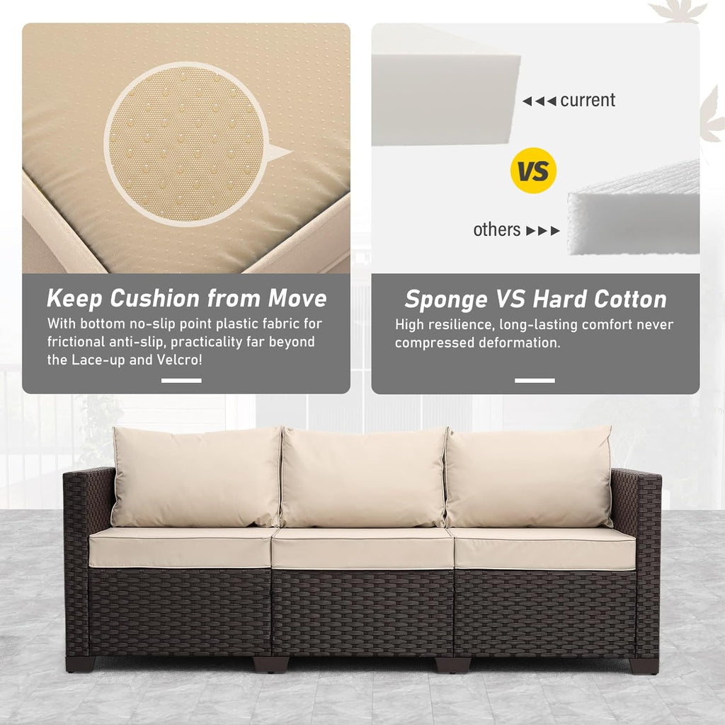 Rattan Star Outdoor Furniture Couch 3 Seater Sofa Outdoor Brown Wicker Sofa Deep Seat High Backrest Patio Couch with Non-Slip Cushions Waterproof Cover, Khaki