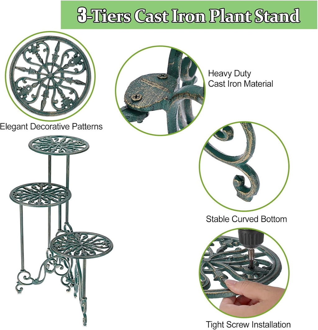 OwnMy 3 Tier Heavy Duty Cast Iron Plant Stand Foldable Wrought Iron Flower Pot Holder, Indoor Outdoor Tall Plant Stand Shelf for Garden Patio, Decorative Round Metal Plant Display Rack, Antique Green