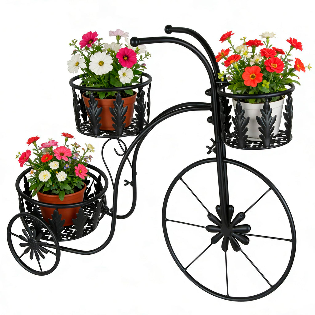 Metal Bicycle Planter Stand, 3 Tier Flower Pot Stand Cart with 3 Plant Buckets, Outdoor Garden Decorative Planter for Yard Patio Lawn Flower Shop Home Decor (Bronze)