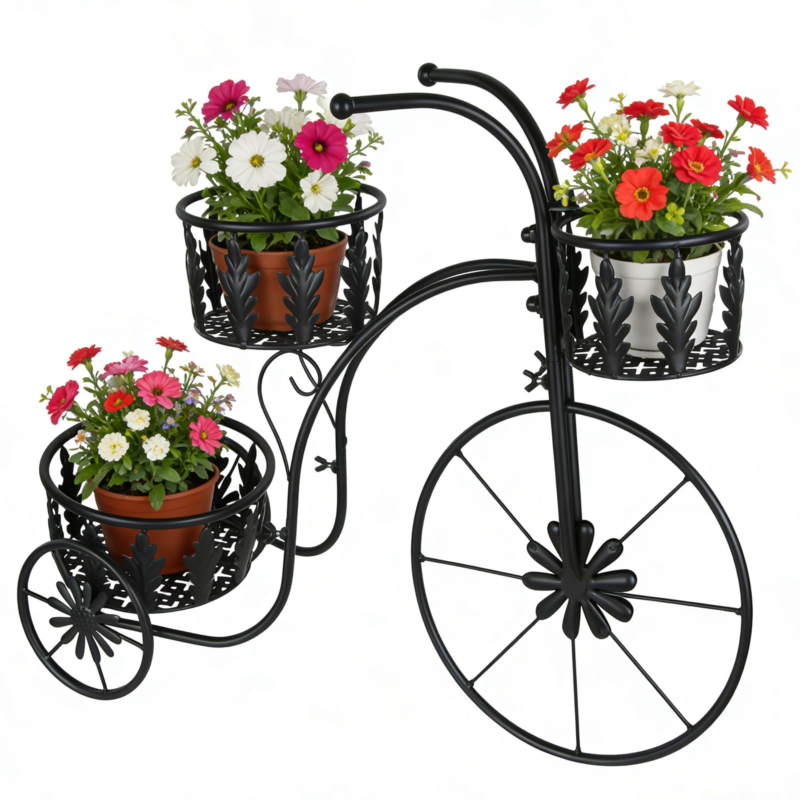 Metal Bicycle Planter Stand, 3 Tier Flower Pot Stand Cart with 3 Plant Buckets, Outdoor Garden Decorative Planter for Yard Patio Lawn Flower Shop Home Decor (Bronze)