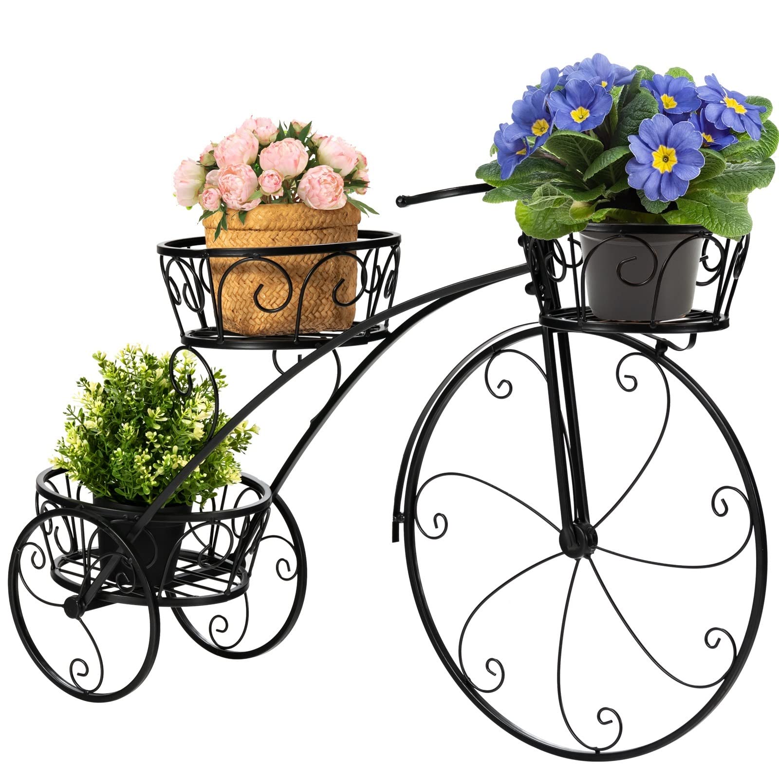 Giantex Metal Bicycle Planter, 3 Tier Tricycle Flower Plant Stand w/ 3 Decorative Wheels, Parisian Style Flower Display Stand Cart for Home Decor Patio Garden Flower Shop Indoor Outdoor (Bronze)