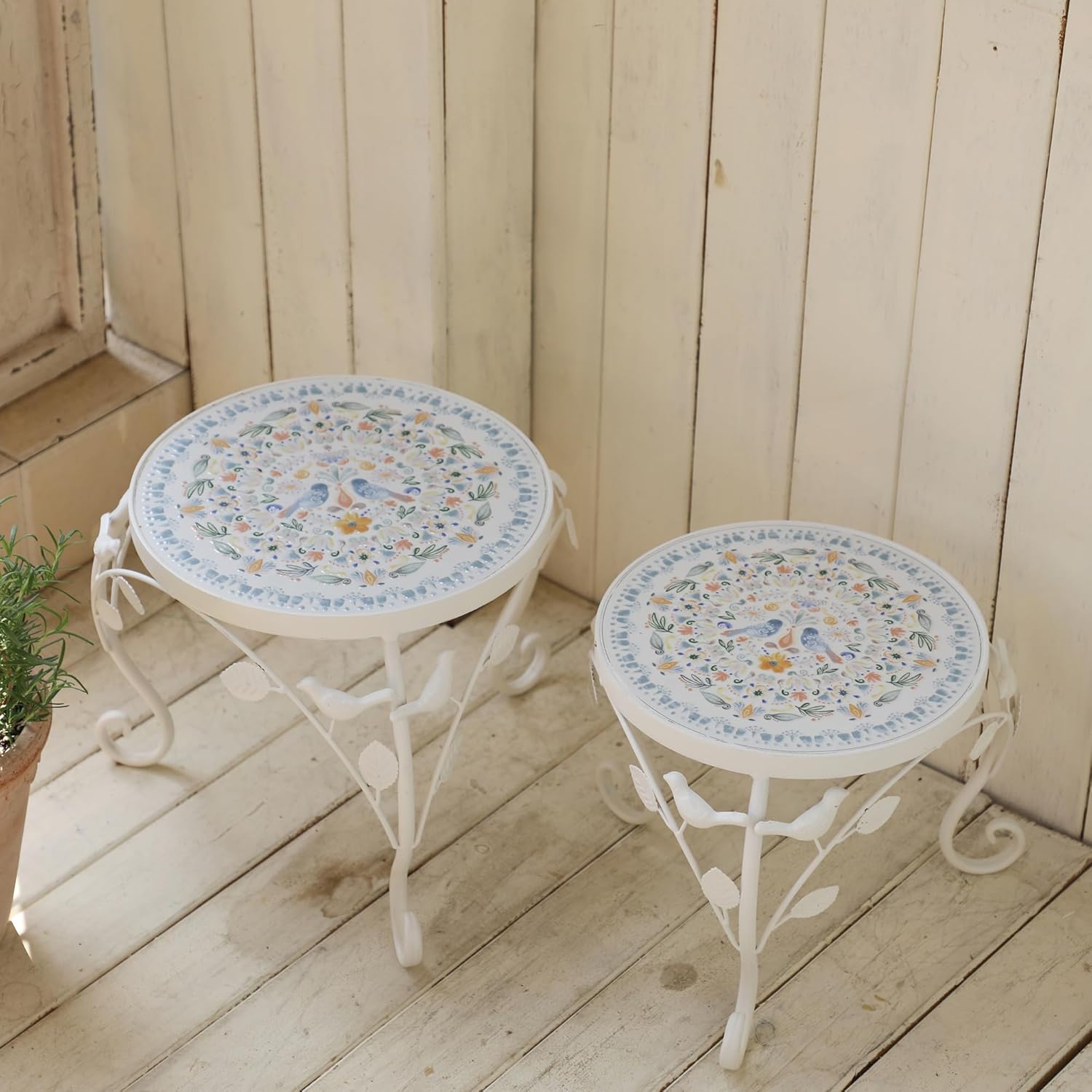 Set of 2 Plant Stand for Indoor Outdoor, Heavy Duty Cast Iron with 10" Ceramic Tile Top Plant Table, Tall Vintage Decorative Plant Rack, Mosaic Flower Pot Holder for Home Garden Porch Yard Patio