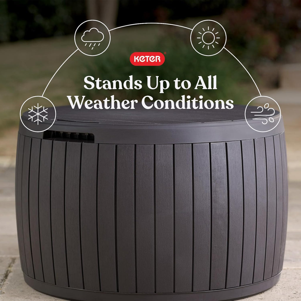 Keter Circa 37 Gallon Deck Box Organizer, Works as Ottoman Chair or Side Table, Brown – Large Resin Round Outdoor Storage and Seating for Garden, Pool, and Patio