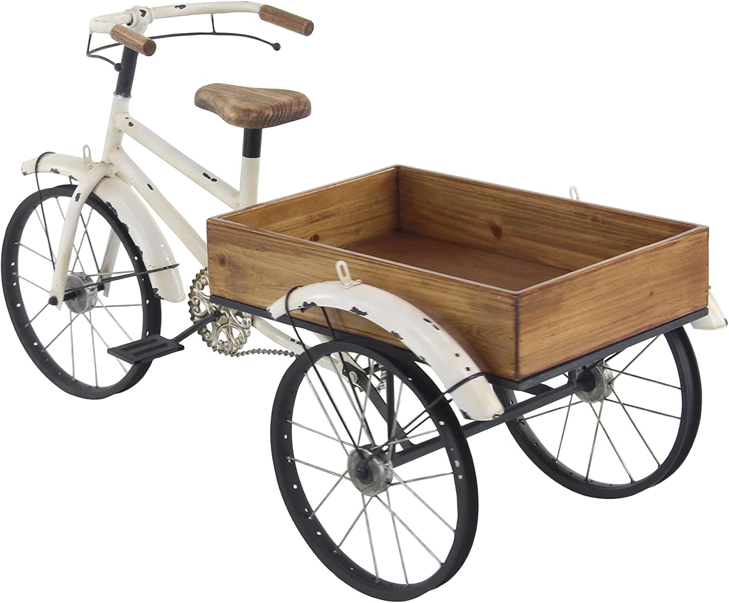 Deco 79 Metal Bike Indoor Outdoor Plantstand Indoor Outdoor Vintage Plant Shelf with Brown Wood Accents, Plant Stand 48" x 24" x 24", White