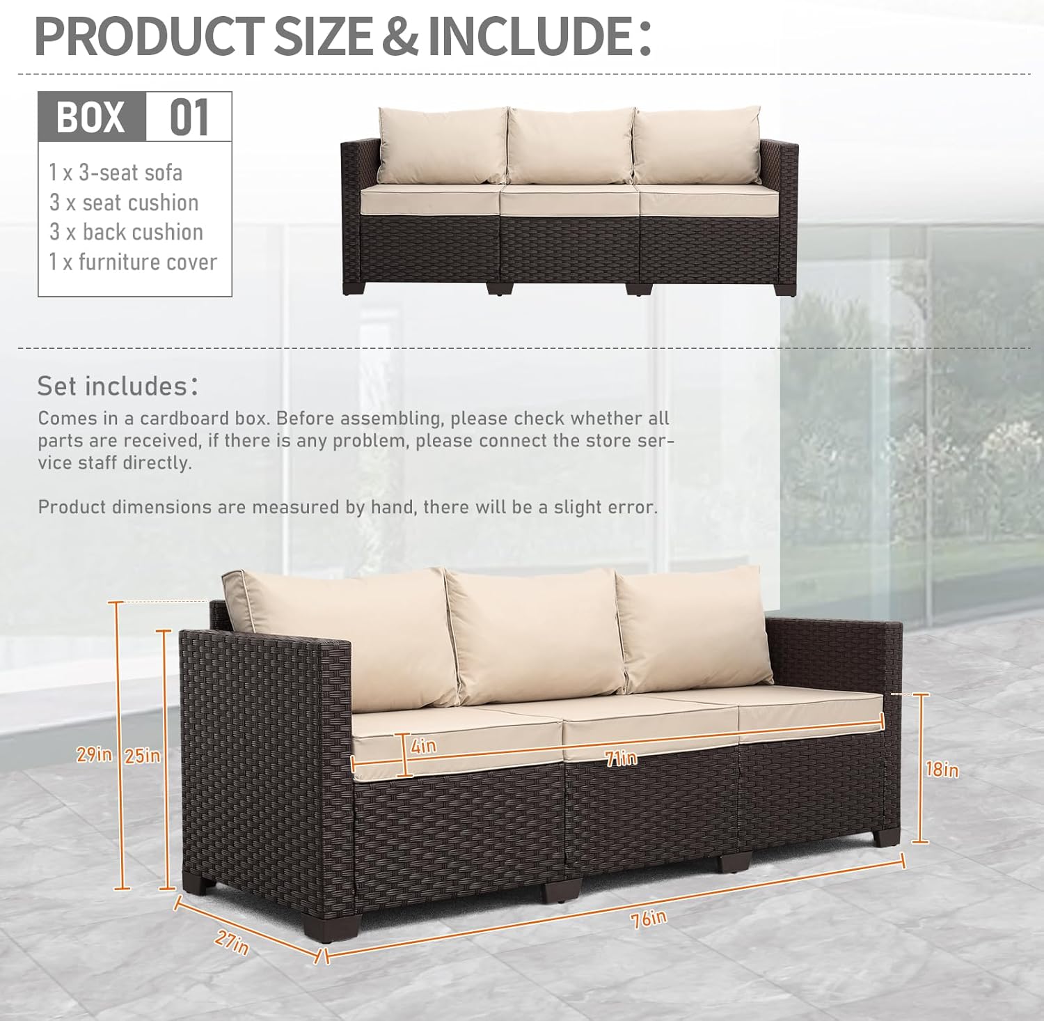 Rattan Star Outdoor Furniture Couch 3 Seater Sofa Outdoor Brown Wicker Sofa Deep Seat High Backrest Patio Couch with Non-Slip Cushions Waterproof Cover, Khaki