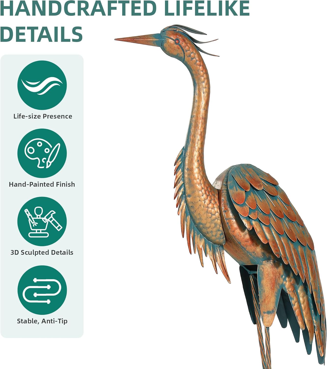 45.3" Tall Extra Large Metal Crane Decor, Handcrafted Distressed Bronze Heron Sculpture with 4-Piece Secure Ground Stakes, Vintage Charm Outdoor Garden Statue Yard Art for Patio & Backyard Decor