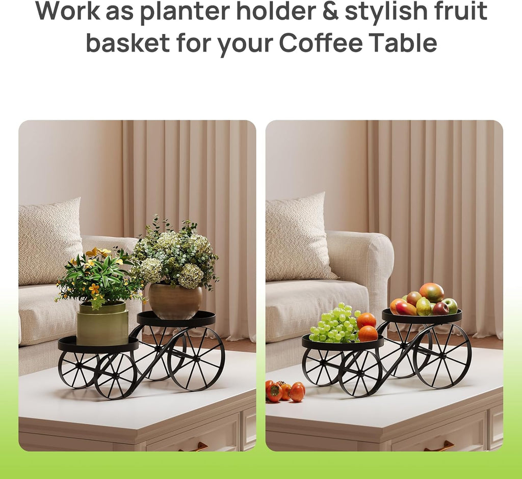 Cute Plant Stand Indoor Outdoor 2-Tier Metal Heavy Duty Flower Pot Holder with Decorative wagon wheels, Multi-Use Planter Display Rack Shelf for Garden Patio Balcony Living Room Corner (Black)
