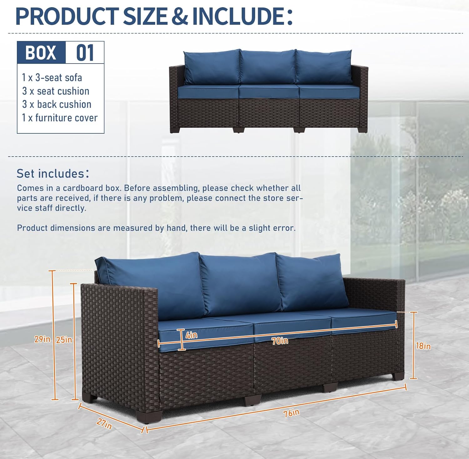 Valita Patio Furniture 3-seat Sofa Brown Wicker Outdoor Furniture Outdoor Couch Deep Seat High Backrest Waterproof Cover Anti-Slip Washable Cushions, Navy Blue