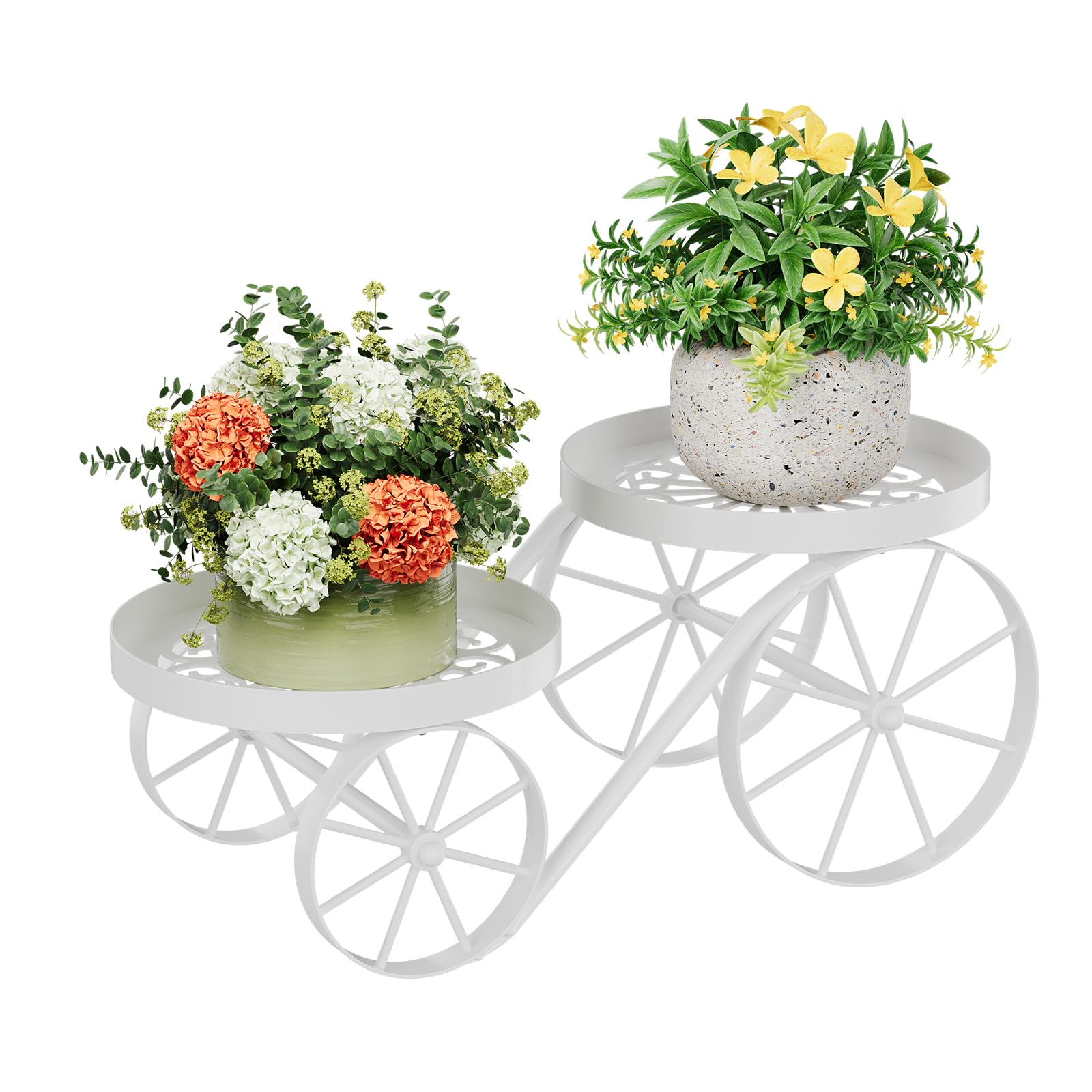 Cute Plant Stand Indoor Outdoor 2-Tier Metal Heavy Duty Flower Pot Holder with Decorative wagon wheels, Multi-Use Planter Display Rack Shelf for Garden Patio Balcony Living Room Corner (Black)