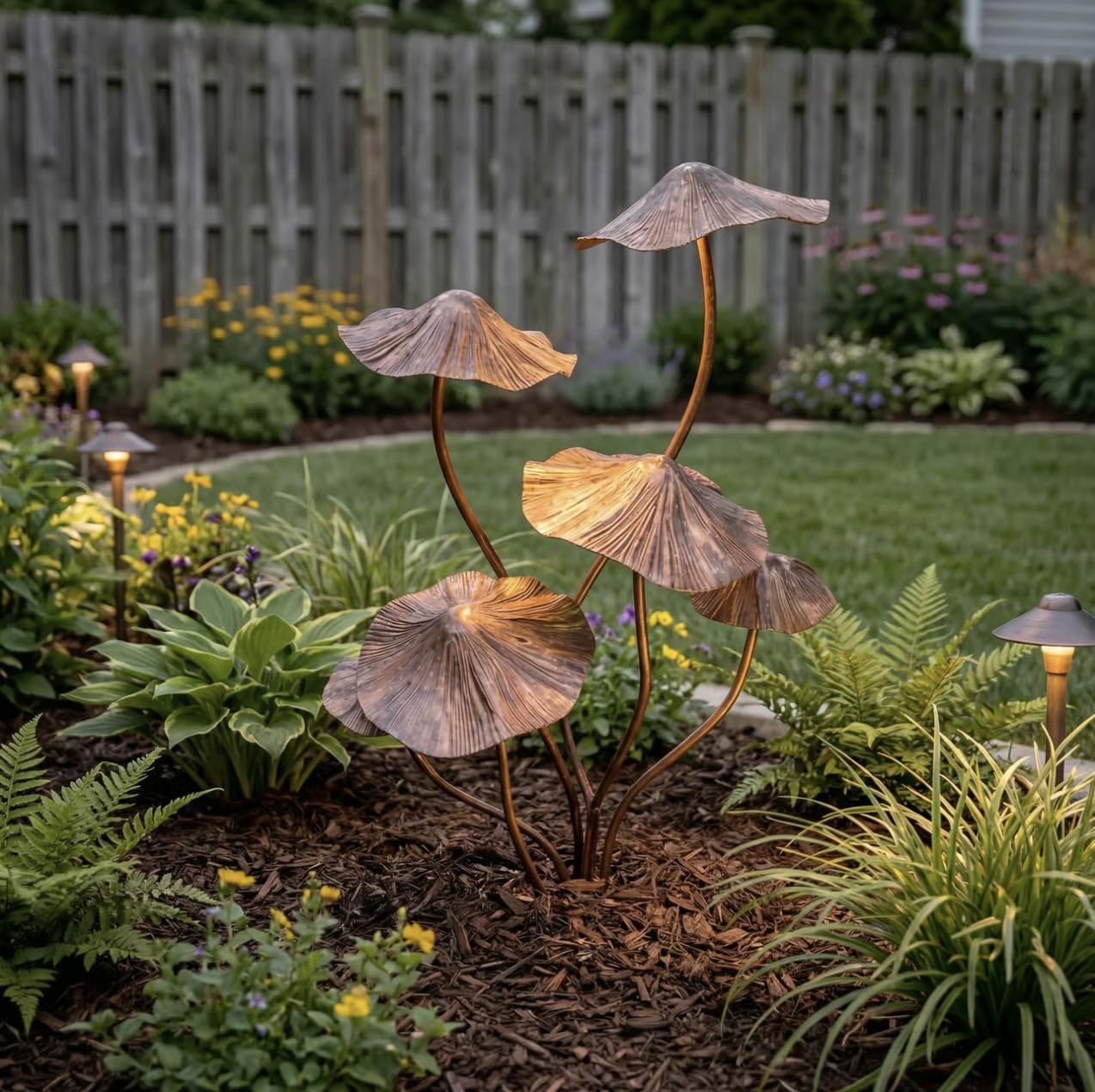 Metal Mushroom Garden Stake, Rustic Outdoor Yard Art Sculpture, Whimsical Decorative Accent for Patio, Porch, and Lawn (Bronze)
