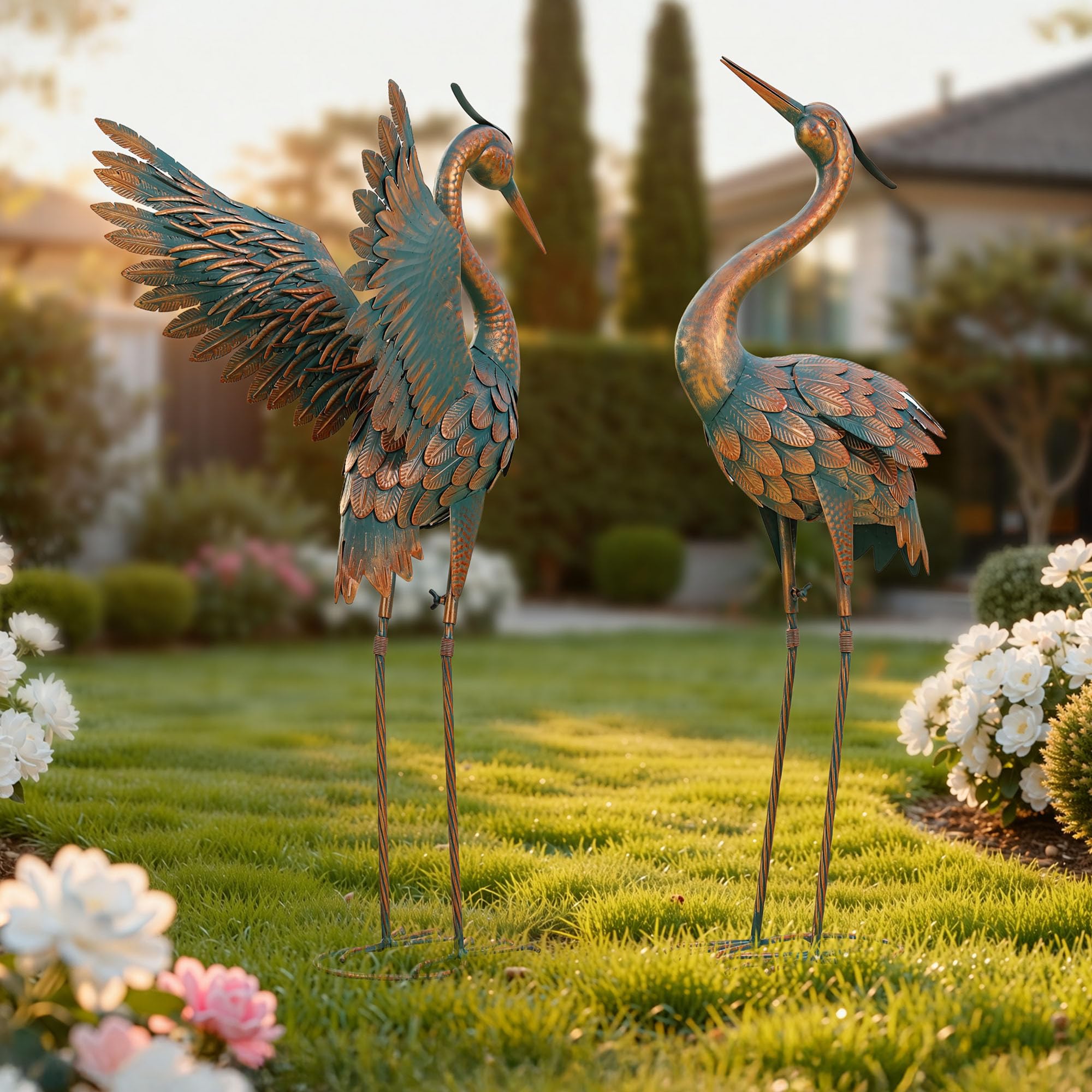 36.8" Extra-Large Blue Heron Decor, Handcrafted Metal Crane Statue with Stable U-Ground Stakes, Backyard Decoration, Metal Garden Bird Animal Yard Art, Lawn Ornament Decor