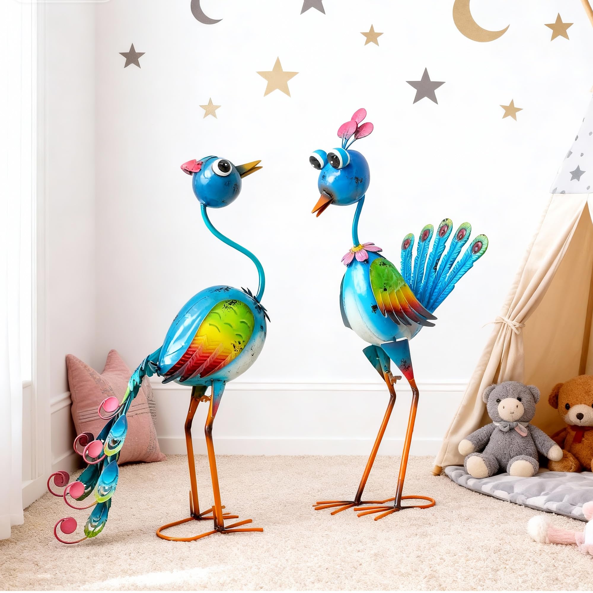 45.3" Tall Extra Large Metal Crane Decor, Handcrafted Distressed Bronze Heron Sculpture with 4-Piece Secure Ground Stakes, Vintage Charm Outdoor Garden Statue Yard Art for Patio & Backyard Decor