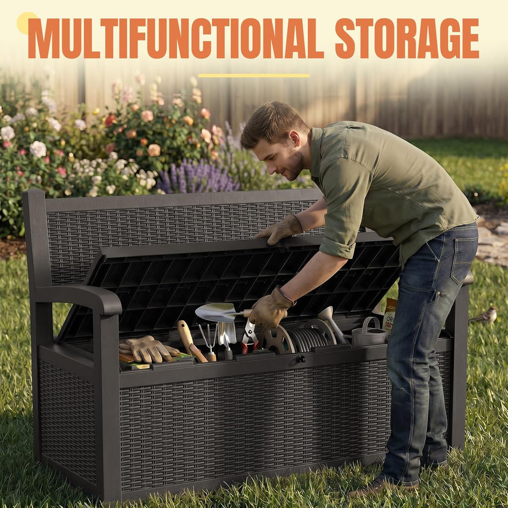Storage Bench Outdoor Deck Box,100 Gallon Waterproof & UV Resistant Lockable Patio Furniture Seating.Indoor/Outdoor Shoe Storage Cabinet for Garden Cushions,Tools,Patio,Pool Supplies(Black)