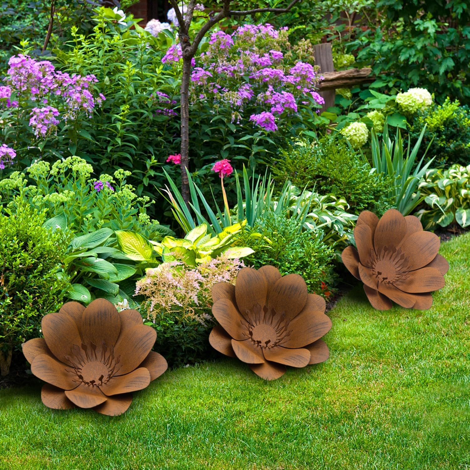 JAXPETY Metal Flower Garden Art, Outdoor Garden Decoration for Yard Lawn Patio, Bronze