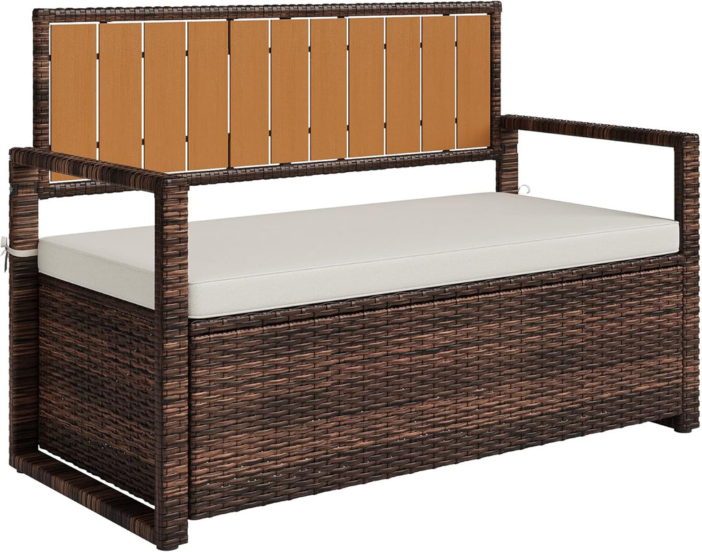 IDEALHOUSE PE Rattan Storage Bench with Cushion, Waterproof Patio Seat for Outdoor Use