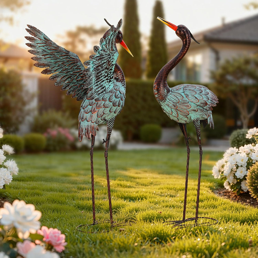 36.8" Extra-Large Blue Heron Decor, Handcrafted Metal Crane Statue with Stable U-Ground Stakes, Backyard Decoration, Metal Garden Bird Animal Yard Art, Lawn Ornament Decor
