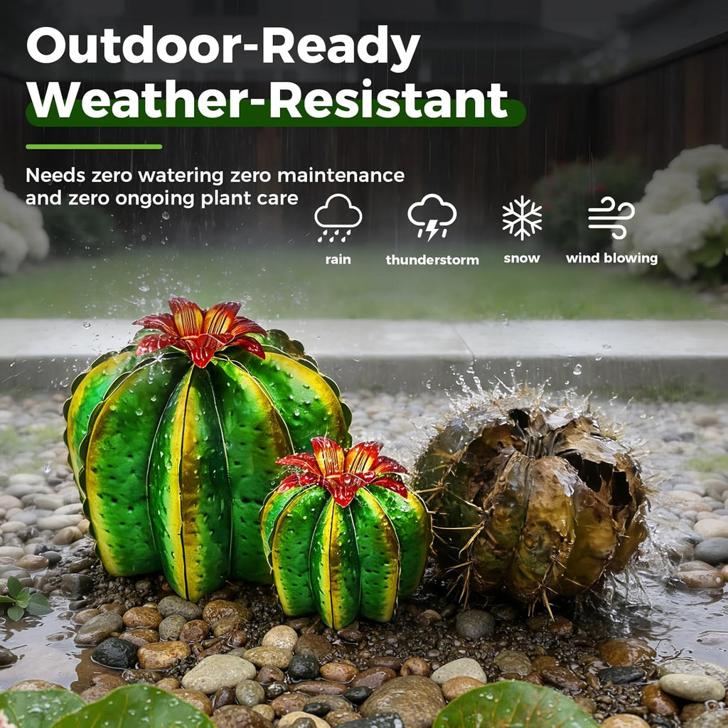 KODIBO Metal Cactus Yard Art, 4-Pack Desert Steel Garden Decor, Artificial Barrel Cactus with Flower Tops, Weather-Resistant Garden Sculptures & Statues, Outdoor Decorations for Patio Lawn Porch
