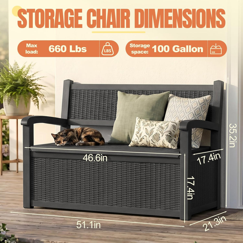Storage Bench Outdoor Deck Box,100 Gallon Waterproof & UV Resistant Lockable Patio Furniture Seating.Indoor/Outdoor Shoe Storage Cabinet for Garden Cushions,Tools,Patio,Pool Supplies(Black)