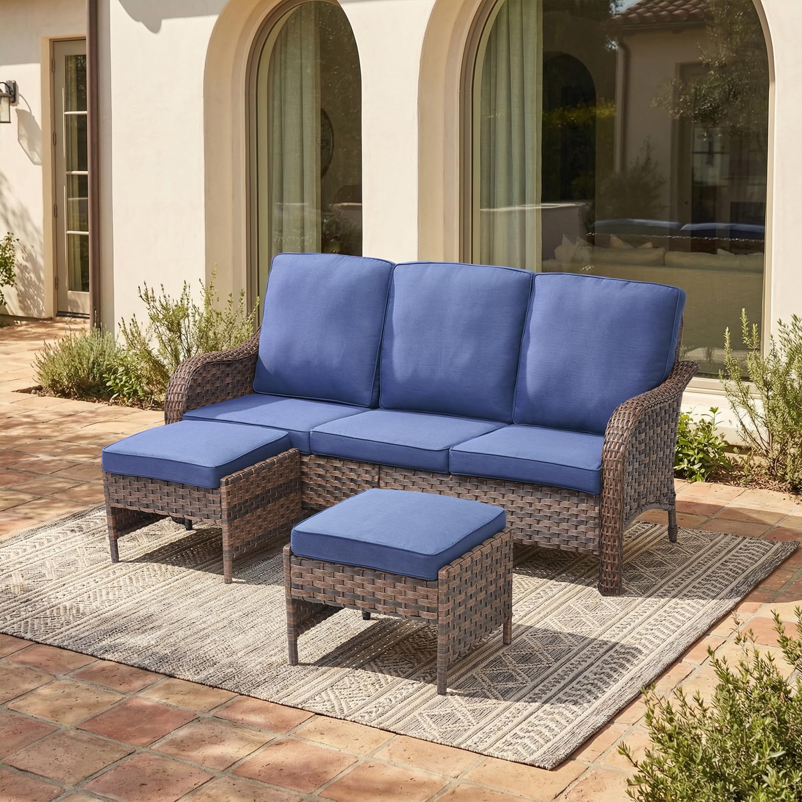 Outdoor Patio Loveseat, All-Weather Hand-Woven PE Wicker 2 Seat Sofa with Thick Cushions, High Back & Deep Seat, Ergonomic Design for Porch, Deck, Balcony, Garden, and Backyard(Beige)