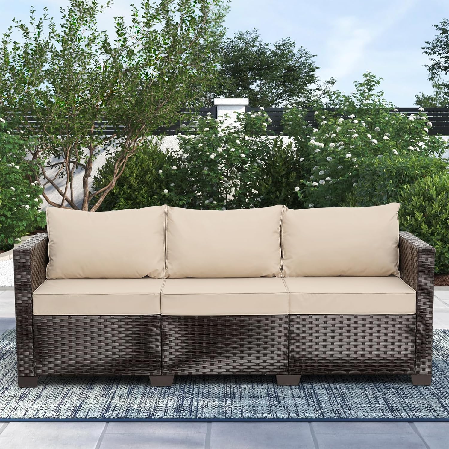 Rattan Star Outdoor Furniture Couch 3 Seater Sofa Outdoor Brown Wicker Sofa Deep Seat High Backrest Patio Couch with Non-Slip Cushions Waterproof Cover, Khaki