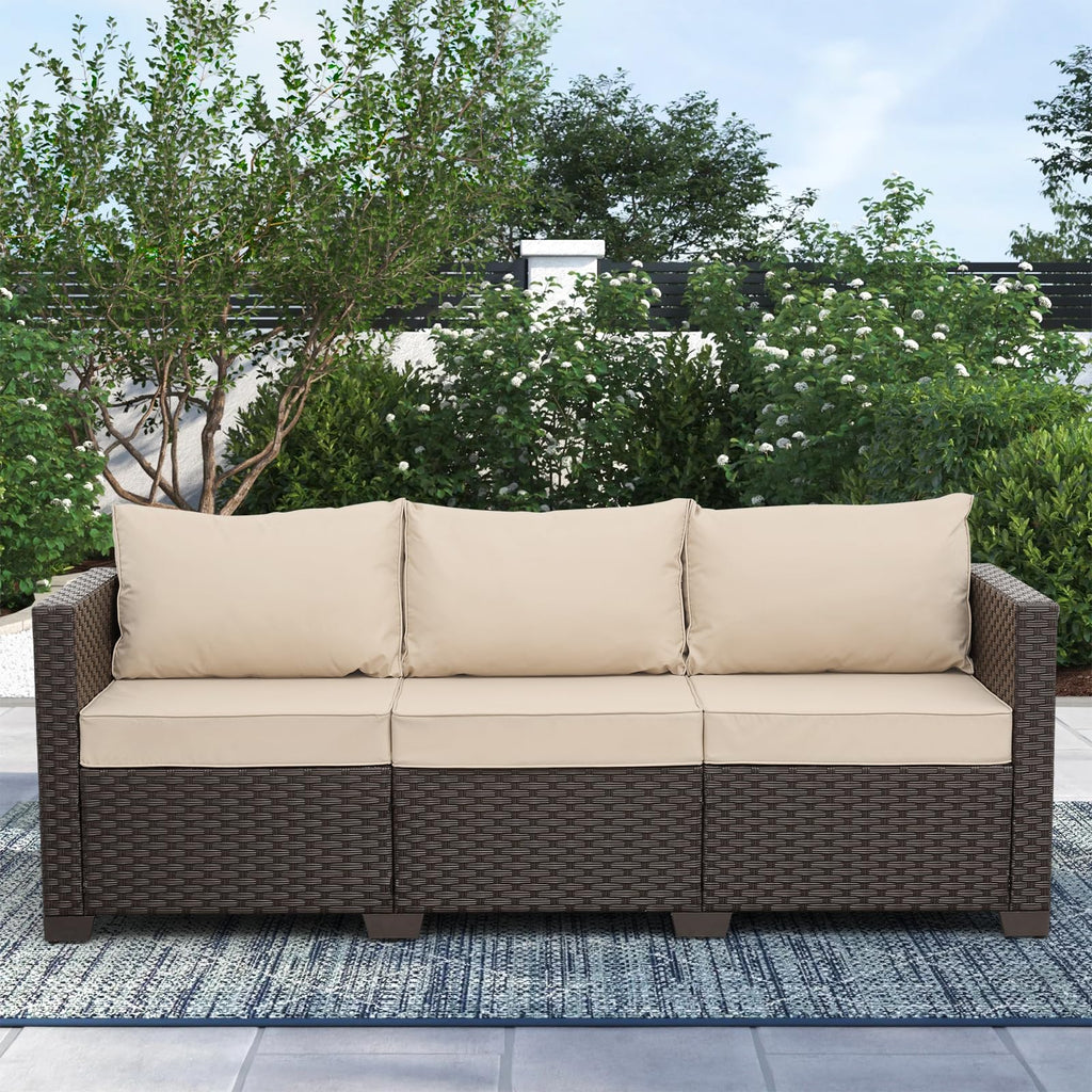 Rattan Star Outdoor Furniture Couch 3 Seater Sofa Outdoor Brown Wicker Sofa Deep Seat High Backrest Patio Couch with Non-Slip Cushions Waterproof Cover, Khaki