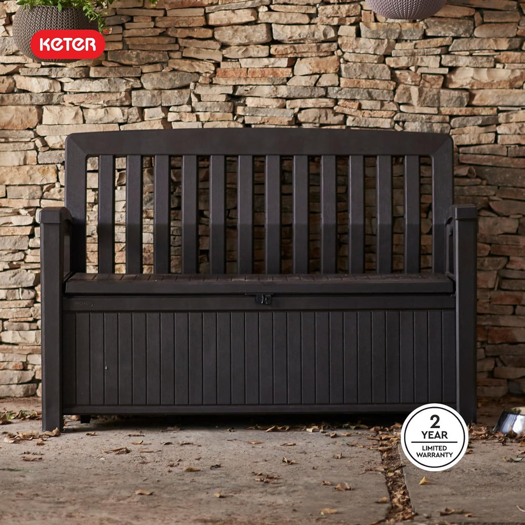Keter 60 Gallon Storage Bench Deck Box for Patio Furniture, Front Porch Decor and Outdoor Seating – Perfect to Store Garden Tools