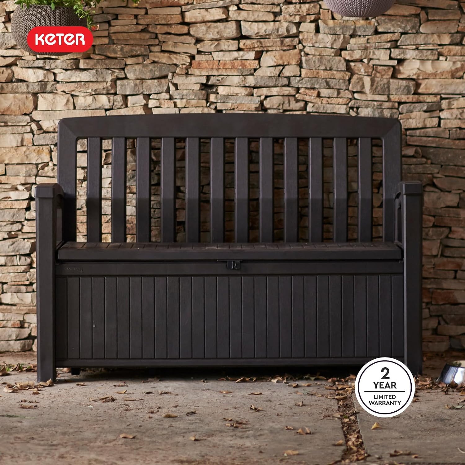 Keter 60 Gallon Storage Bench Deck Box for Patio Furniture, Front Porch Decor and Outdoor Seating – Perfect to Store Garden Tools