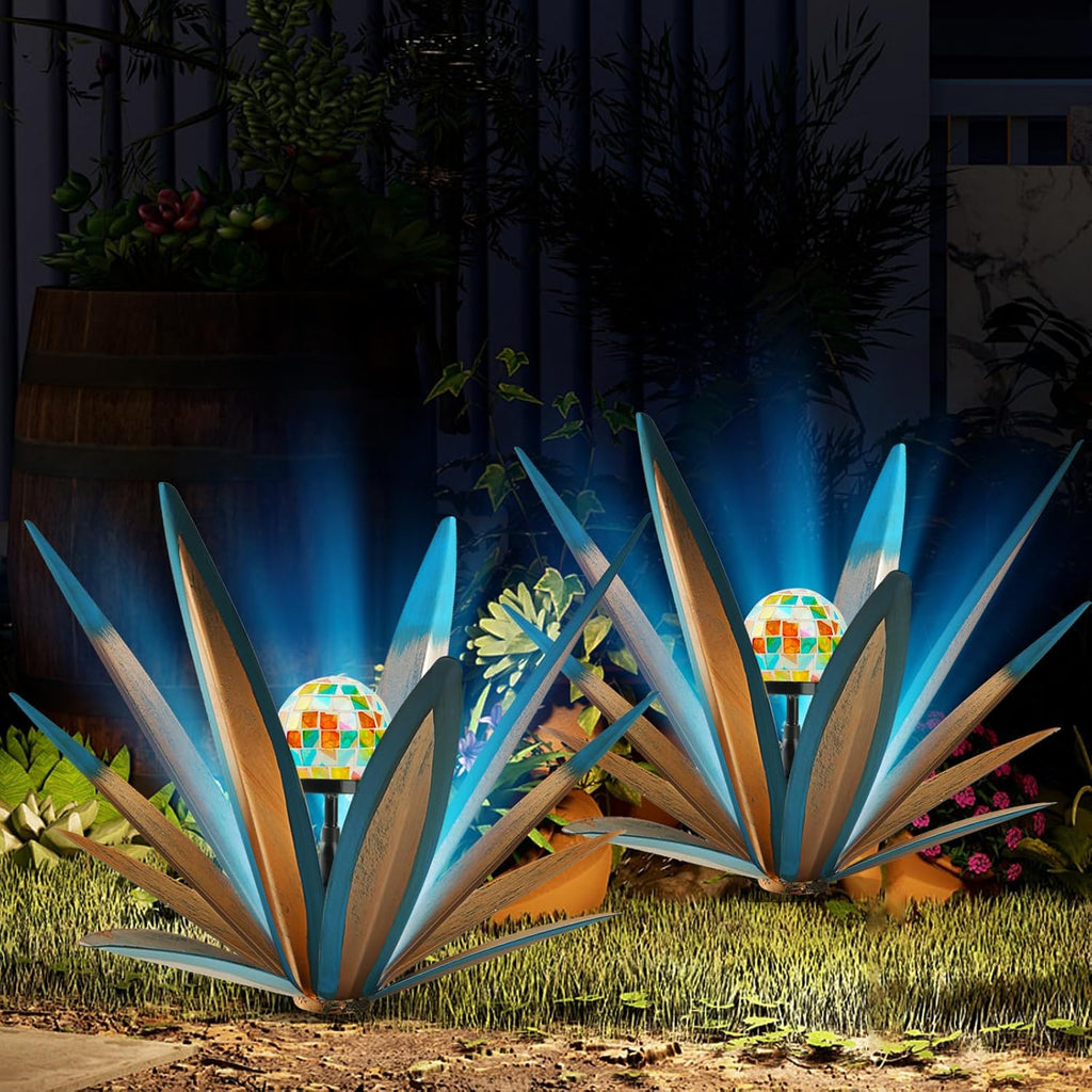 TOMBABY Solar Rustic Garden Style Metal Agave Plants Outdoor Patio, Home Decor Hand-Painted Metal Agave Garden Patio Statues, Suitable for Desert Areas, Outdoor Lawn Decorations (2 Solar Blue)