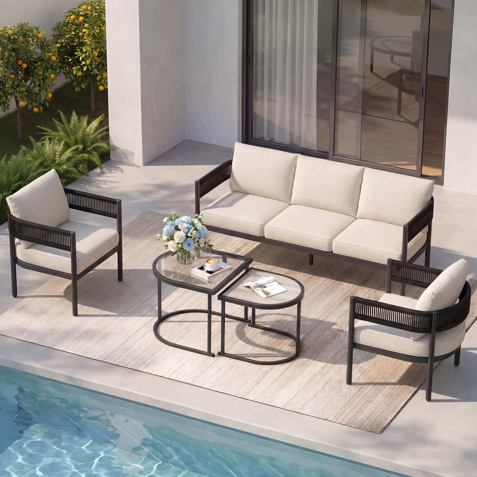 Gand Patio Outdoor 3-Seat Couch Sofa, Wicker Conversation Set with Thick Cushion for Porch, Garden, Yard, Natural