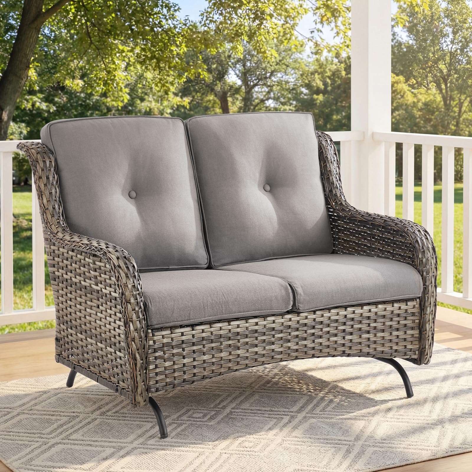 Outdoor Patio Loveseat, All-Weather Hand-Woven PE Wicker 2 Seat Sofa with Thick Cushions, High Back & Deep Seat, Ergonomic Design for Porch, Deck, Balcony, Garden, and Backyard(Beige)