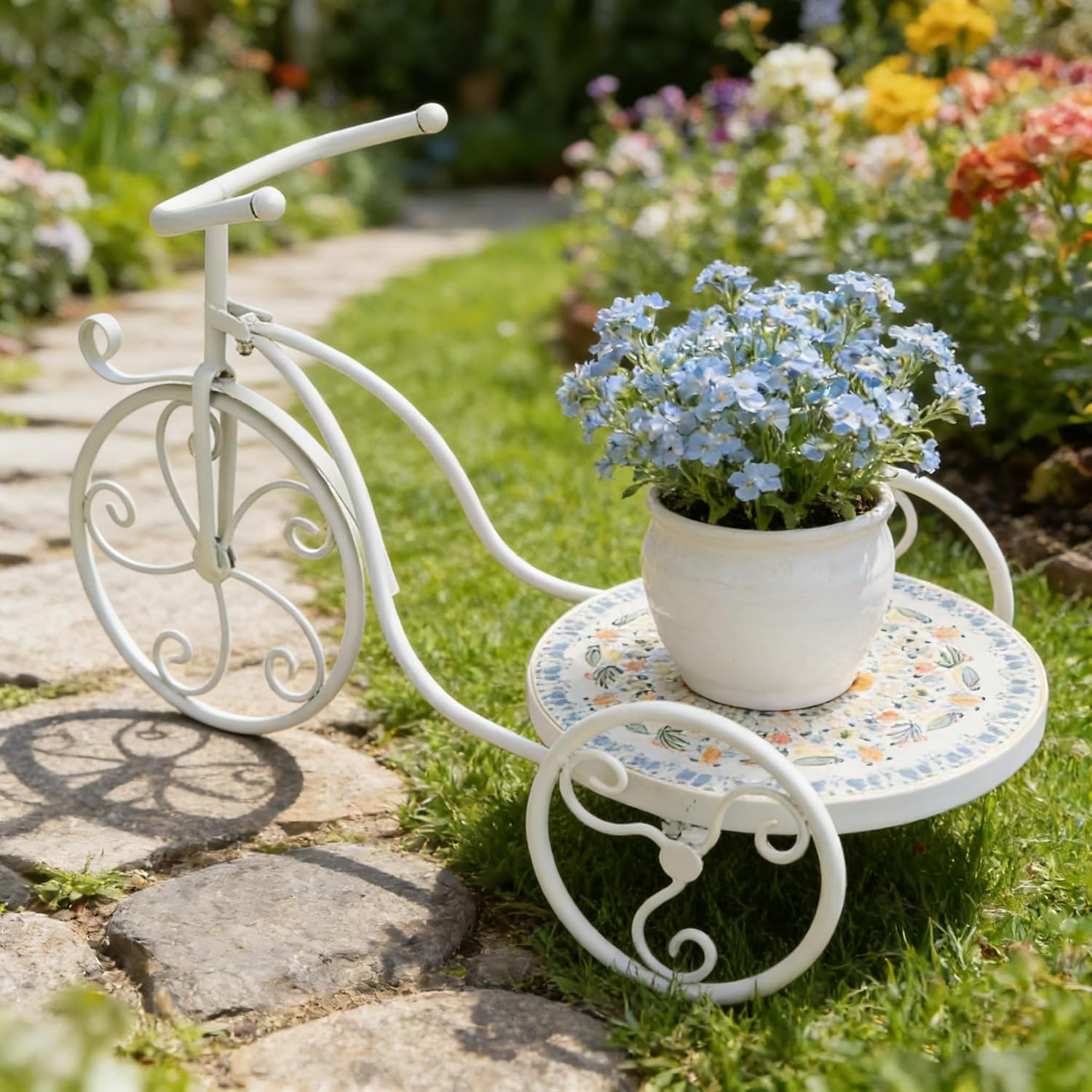 Metal Tricycle Plant Stand with Ceramic Tray, Indoor Outdoor Garden Decor