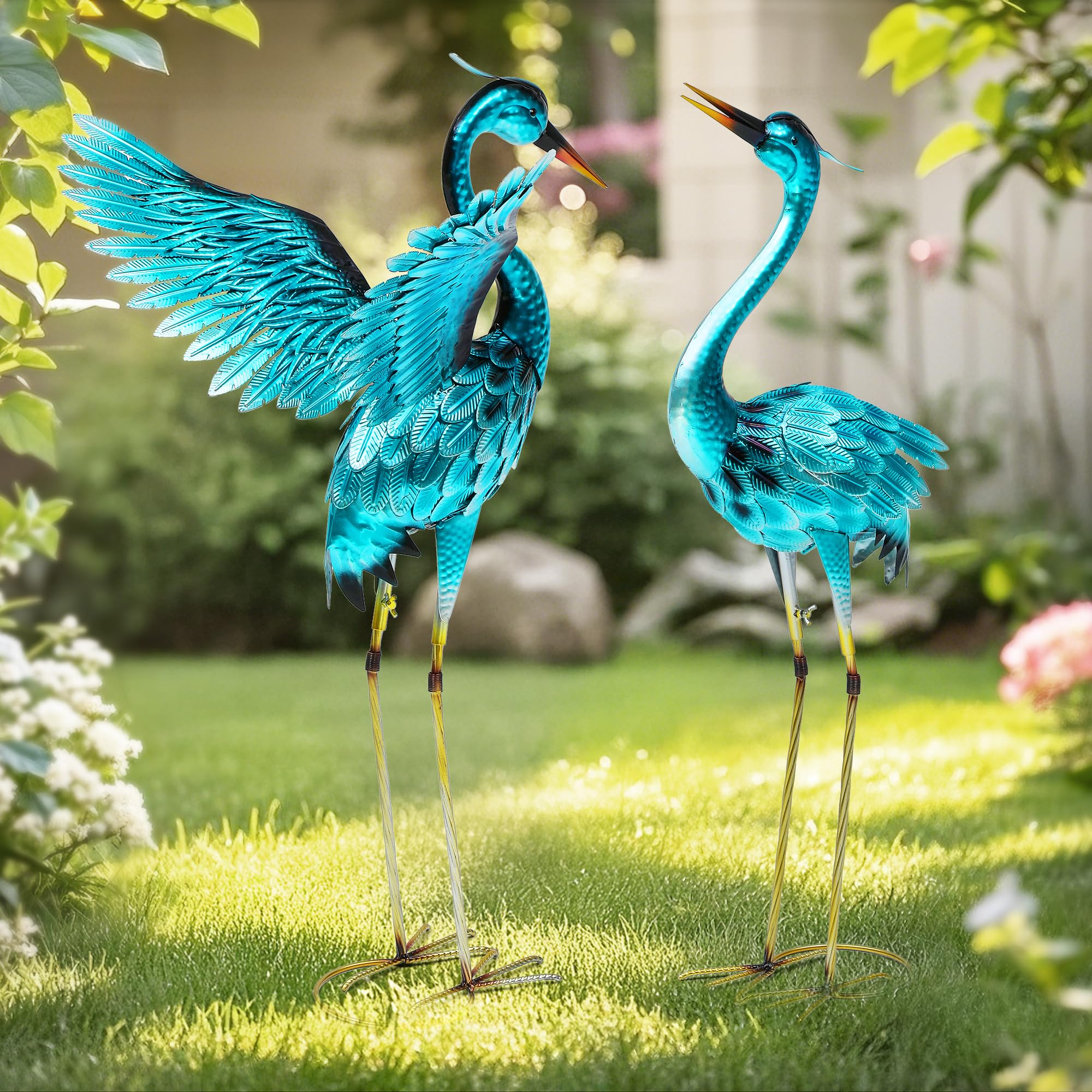 36.8" Extra-Large Blue Heron Decor, Handcrafted Metal Crane Statue with Stable U-Ground Stakes, Backyard Decoration, Metal Garden Bird Animal Yard Art, Lawn Ornament Decor