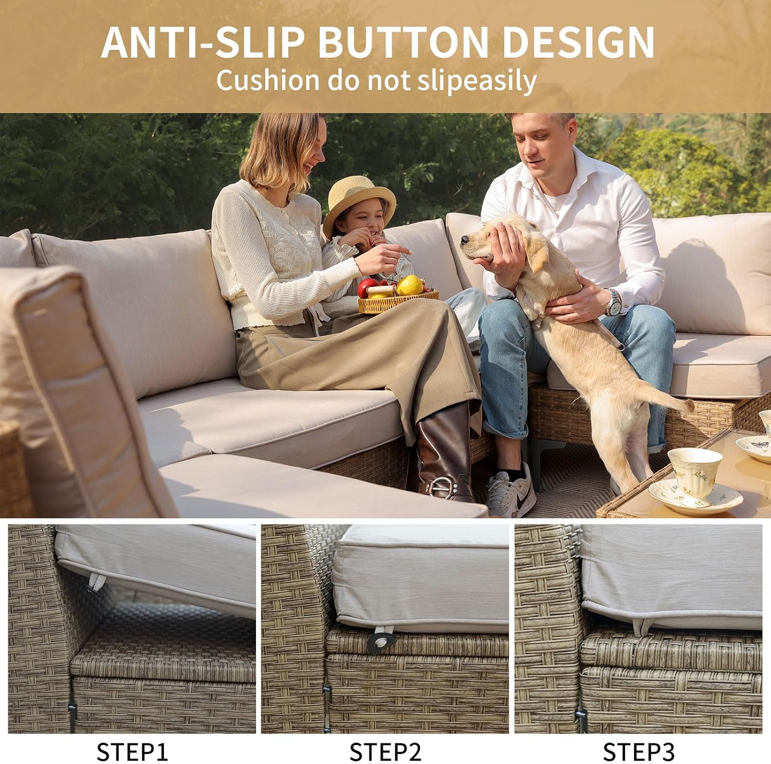 JOYURE 5 Piece Wicker Patio Furniture Set,Outdoor Conversation Sectional Sofa w/Coffee Table,All-Weather Outdoor Sofa with Thick and Anti-Slip Cushions for Deck,Poolside,Garden,Beige