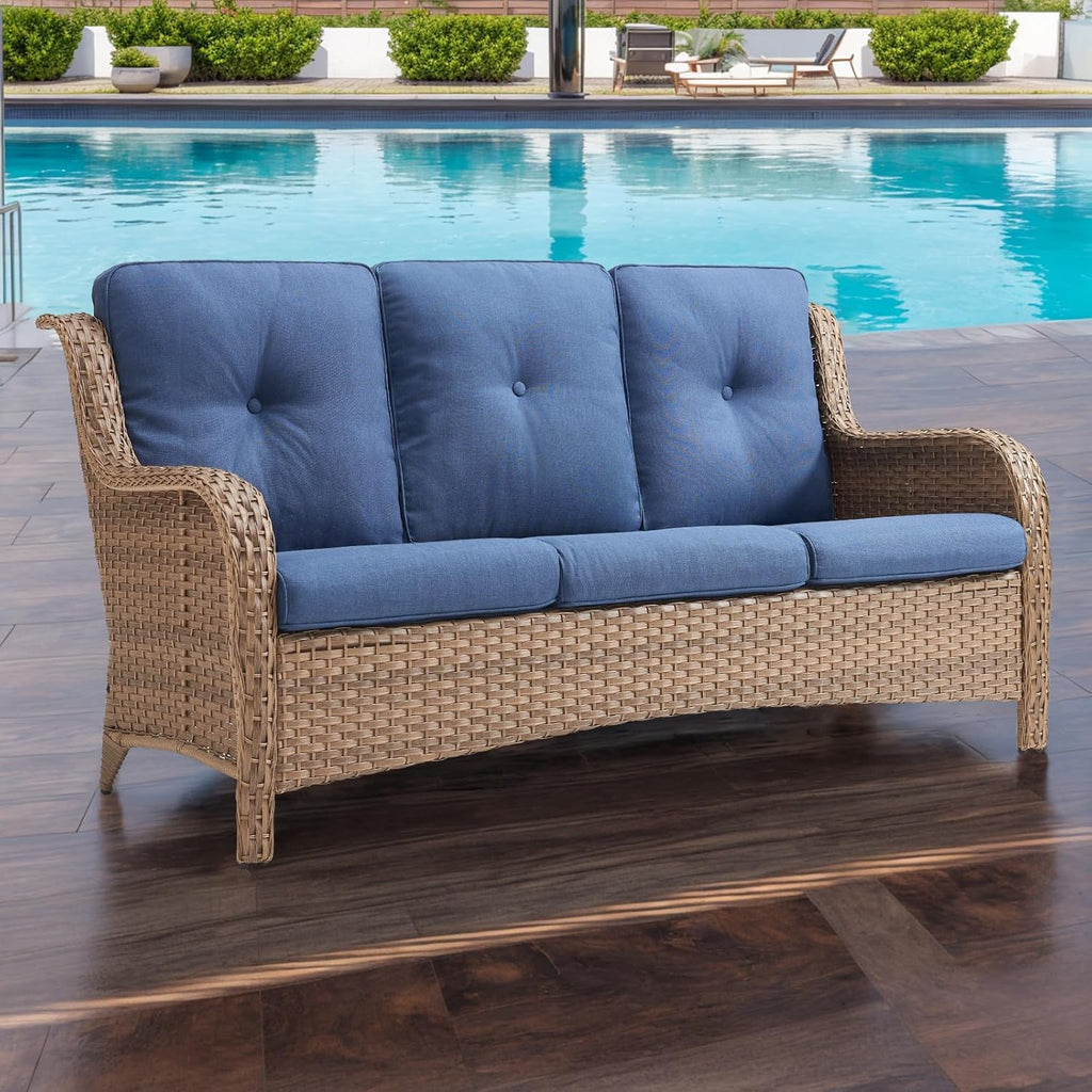 Rilyson Outdoor Patio Wicker Sofa 900Lbs Weight Capacity, Large 3 Seater Wicker Patio Couch with 4in Seat Cushions and Deep Seating, All Weather for Backyard, Garden, Poolside (Yellow/Blue)